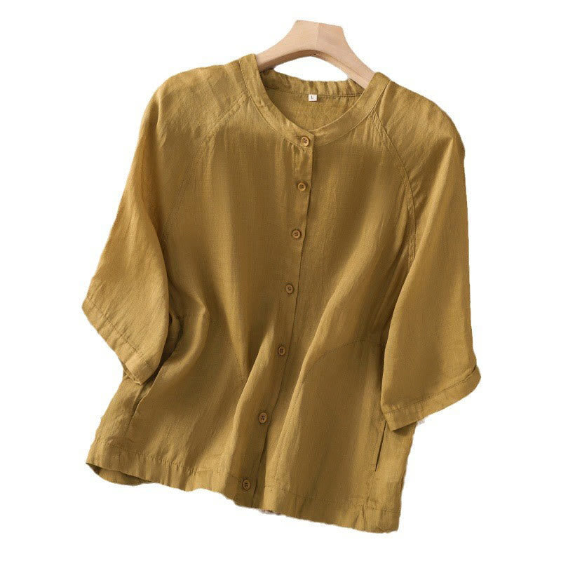 Buddha Stones Vintage Three Quarter Sleeve Cotton Linen Women's Shirt With Pockets