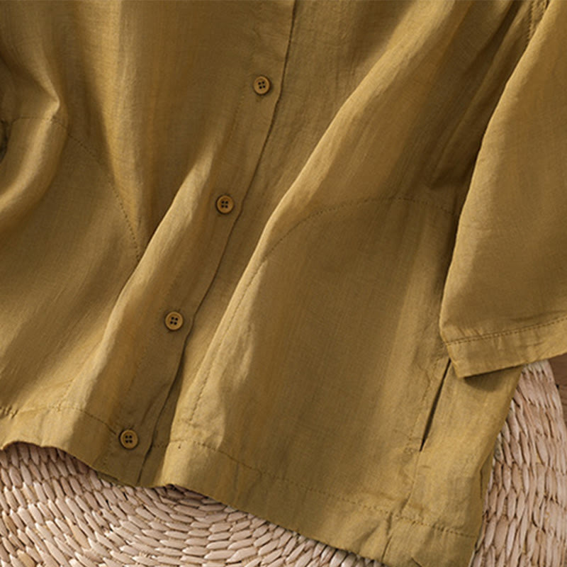 Buddha Stones Vintage Three Quarter Sleeve Cotton Linen Women's Shirt With Pockets