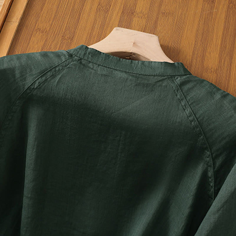 Buddha Stones Vintage Three Quarter Sleeve Cotton Linen Women's Shirt With Pockets