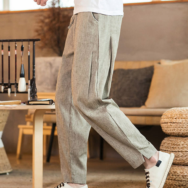 Buddha Stones Solid Color Linen Drawstring Tapered Men's Pants With Pockets