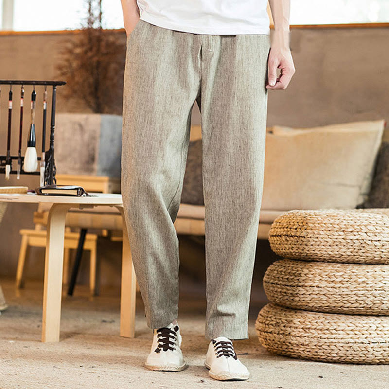 Buddha Stones Solid Color Linen Drawstring Tapered Men's Pants With Pockets