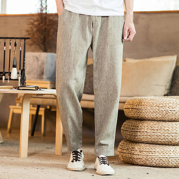 Buddha Stones Solid Color Linen Drawstring Tapered Men's Pants With Pockets
