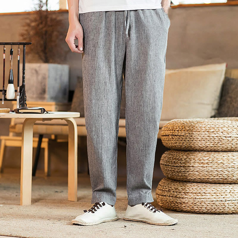 Buddha Stones Solid Color Linen Drawstring Tapered Men's Pants With Pockets
