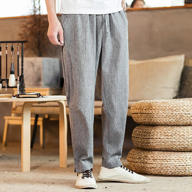 Buddha Stones Solid Color Linen Drawstring Tapered Men's Pants With Pockets