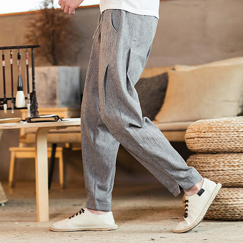 Buddha Stones Solid Color Linen Drawstring Tapered Men's Pants With Pockets
