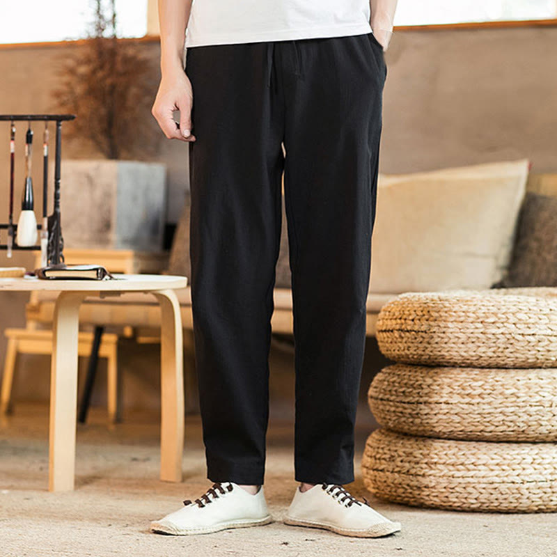 Buddha Stones Solid Color Linen Drawstring Tapered Men's Pants With Pockets
