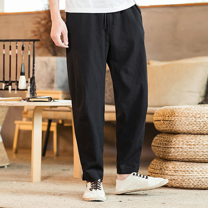 Buddha Stones Solid Color Linen Drawstring Tapered Men's Pants With Pockets