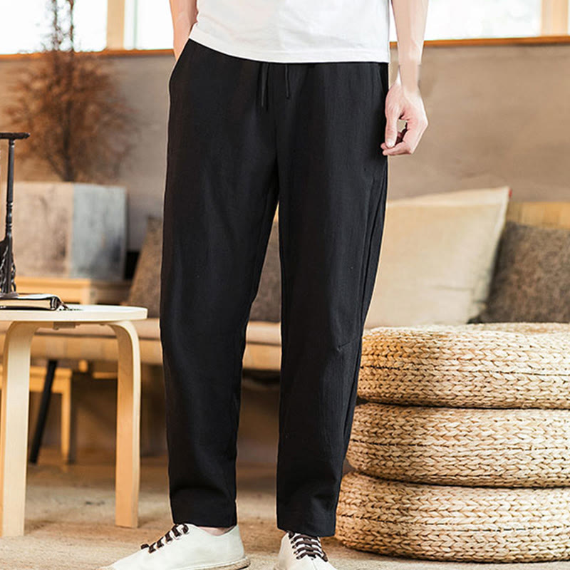 Buddha Stones Solid Color Linen Drawstring Tapered Men's Pants With Pockets
