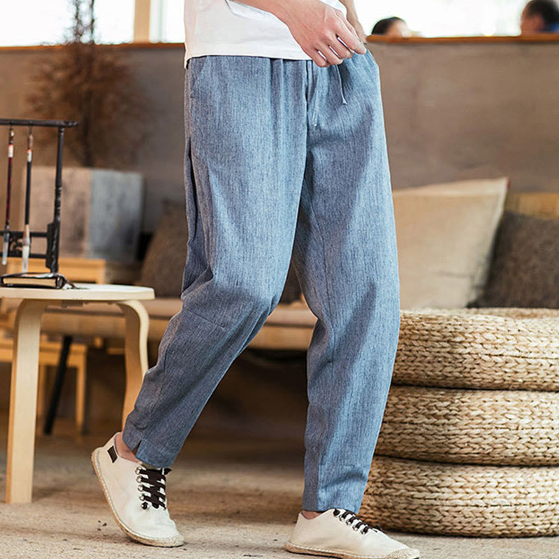 Buddha Stones Solid Color Linen Drawstring Tapered Men's Pants With Pockets