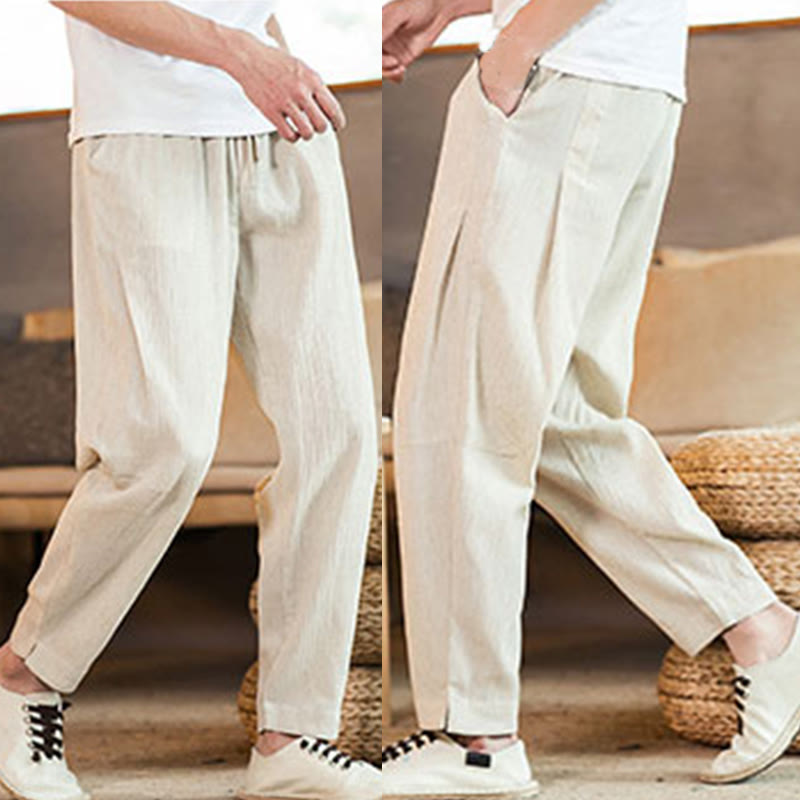 Buddha Stones Solid Color Linen Drawstring Tapered Men's Pants With Pockets