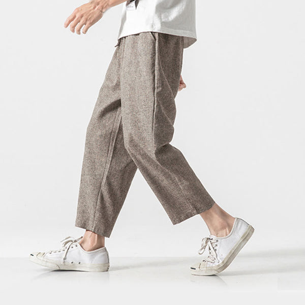 Buddha Stones Summer Plain Men's 7-8 Length Cotton Linen Pants With Pockets