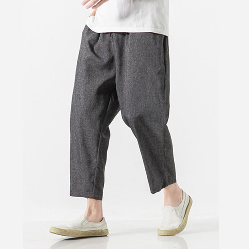 Buddha Stones Summer Plain Men's 7-8 Length Cotton Linen Pants With Pockets
