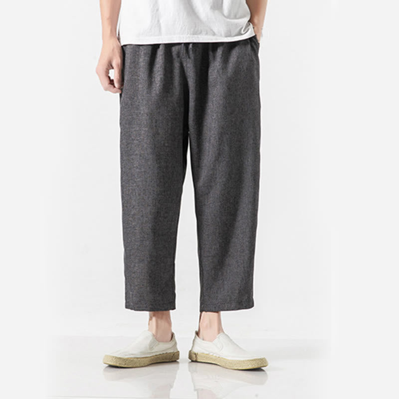 Buddha Stones Summer Plain Men's 7-8 Length Cotton Linen Pants With Pockets