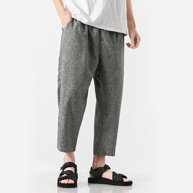 Buddha Stones Summer Plain Men's 7-8 Length Cotton Linen Pants With Pockets