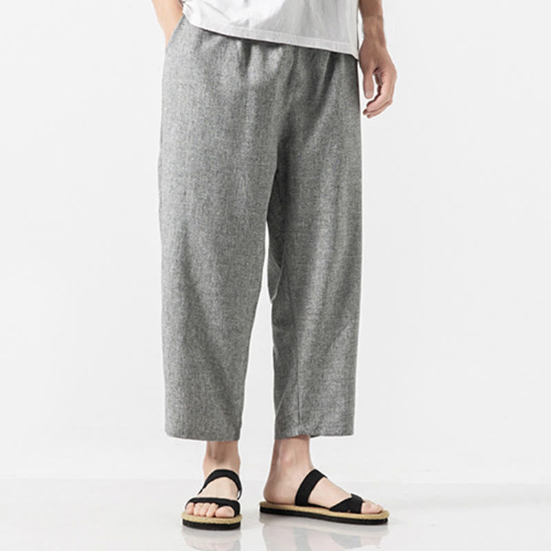 Buddha Stones Summer Plain Men's 7-8 Length Cotton Linen Pants With Pockets