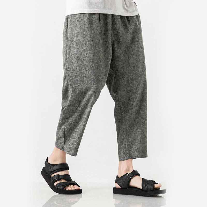 Buddha Stones Summer Plain Men's 7-8 Length Cotton Linen Pants With Pockets