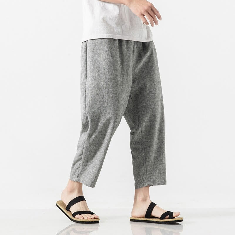 Buddha Stones Summer Plain Men's 7-8 Length Cotton Linen Pants With Pockets