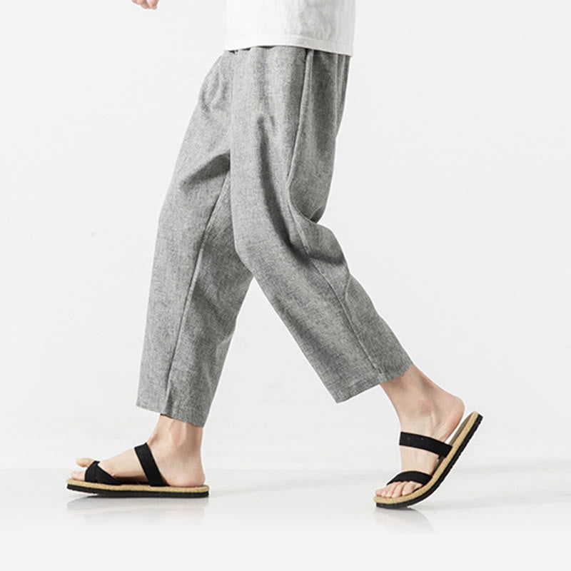 Buddha Stones Summer Plain Men's 7-8 Length Cotton Linen Pants With Pockets