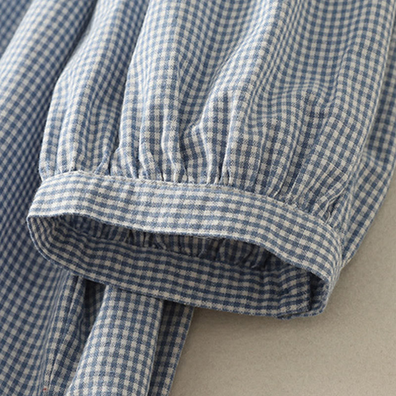 Buddha Stones Spring Plaid Ruffled Crew Neck Design Three Quarter Sleeve Cotton Women's Shirt