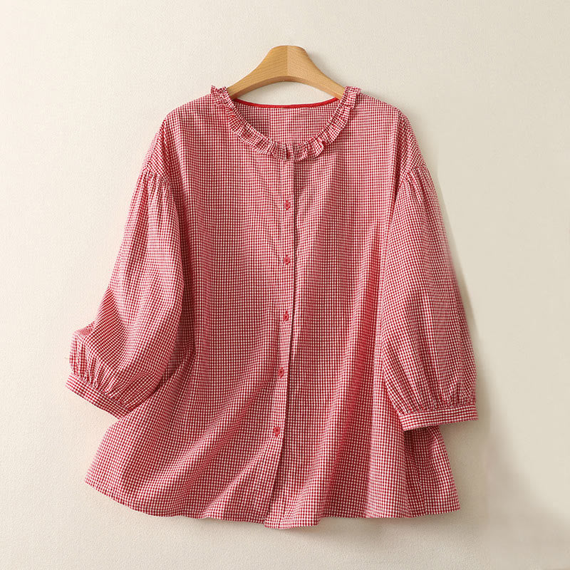 Buddha Stones Spring Plaid Ruffled Crew Neck Design Three Quarter Sleeve Cotton Women's Shirt