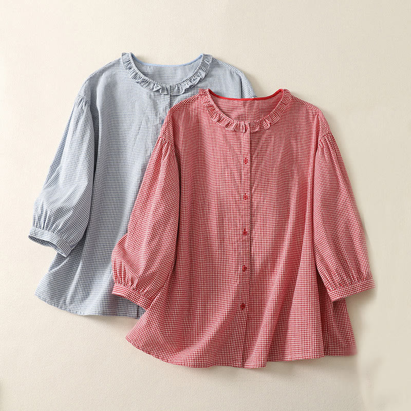 Buddha Stones Spring Plaid Ruffled Crew Neck Design Three Quarter Sleeve Cotton Women's Shirt