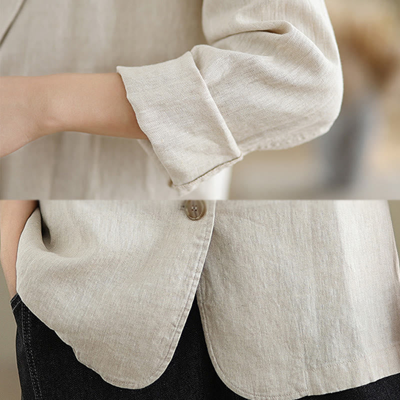 Buddha Stones Spring Casual Solid Color Long Sleeve Cotton Linen Women's Jacket With Pockets