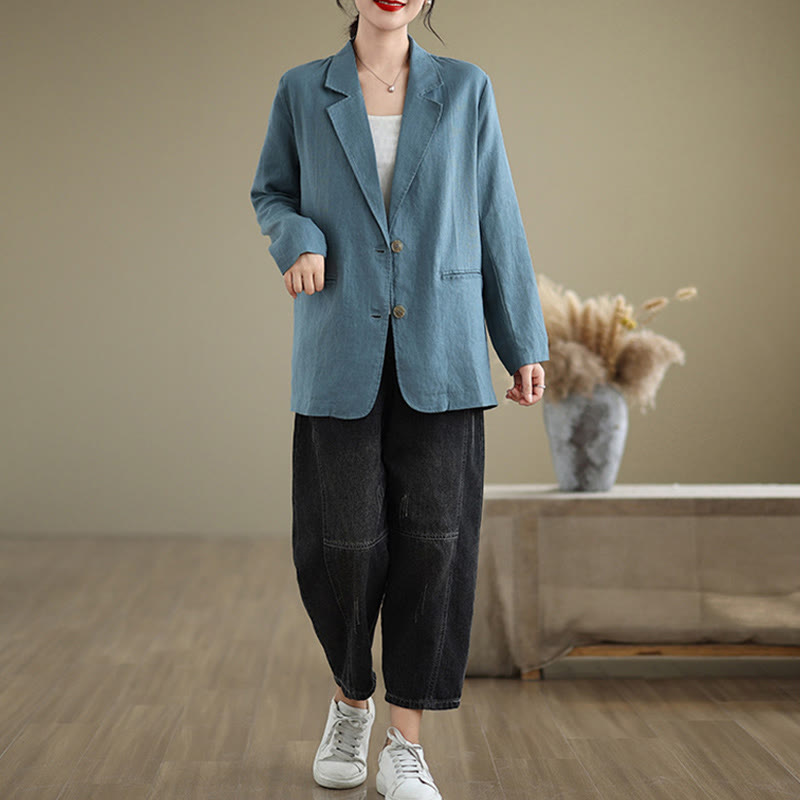 Buddha Stones Spring Casual Solid Color Long Sleeve Cotton Linen Women's Jacket With Pockets