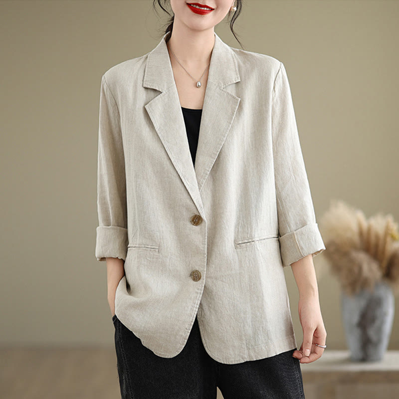 Buddha Stones Spring Casual Solid Color Long Sleeve Cotton Linen Women's Jacket With Pockets