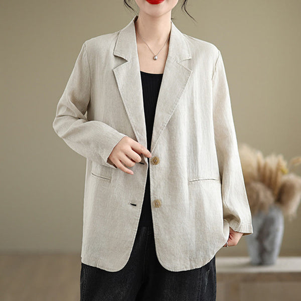 Buddha Stones Spring Casual Solid Color Long Sleeve Cotton Linen Women's Jacket With Pockets