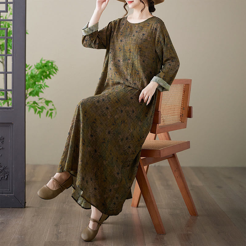 Buddha Stones Vintage Olive Printing Flower Long Sleeve Cotton Linen Maxi Dress With Pockets