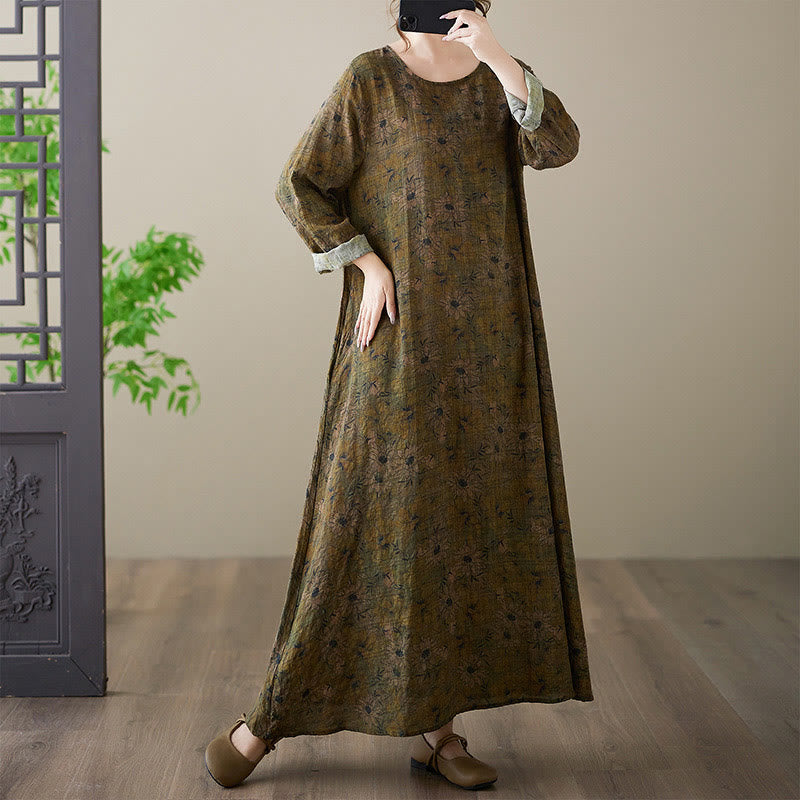 Buddha Stones Vintage Olive Printing Flower Long Sleeve Cotton Linen Maxi Dress With Pockets