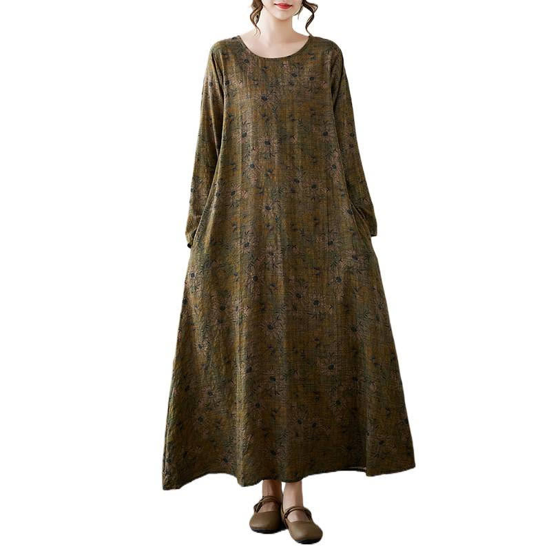 Buddha Stones Vintage Olive Printing Flower Long Sleeve Cotton Linen Maxi Dress With Pockets