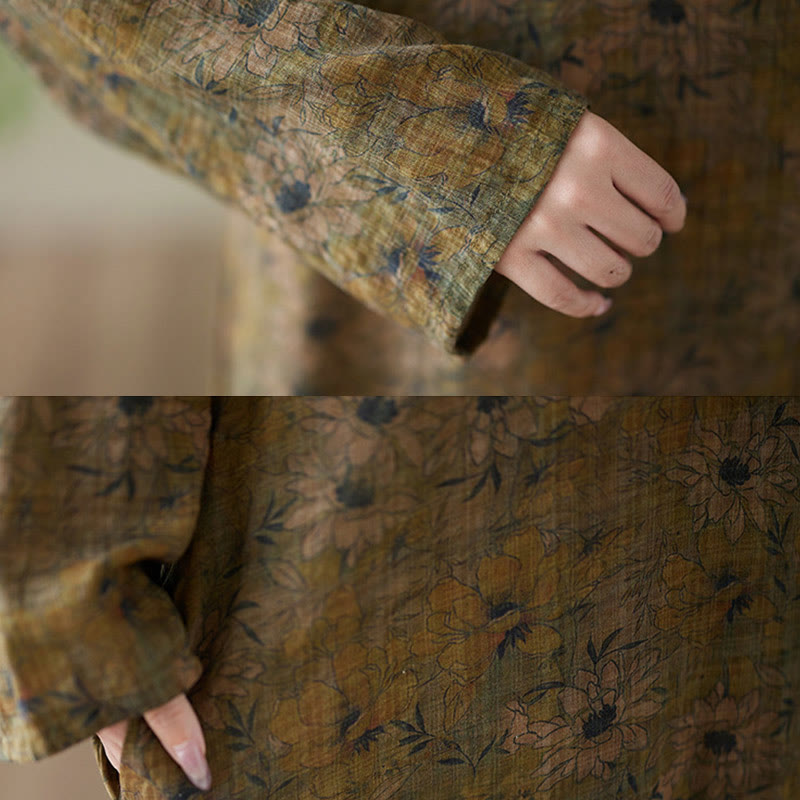 Buddha Stones Vintage Olive Printing Flower Long Sleeve Cotton Linen Maxi Dress With Pockets