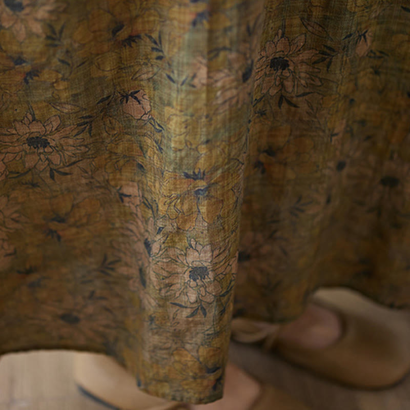 Buddha Stones Vintage Olive Printing Flower Long Sleeve Cotton Linen Maxi Dress With Pockets