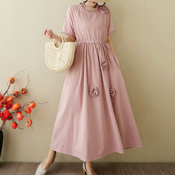 Buddha Stones Three-Dimensional Flower Design Ruffled Neck Cotton Linen Maxi Dress With Pockets