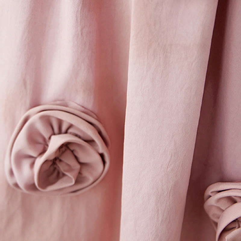 Buddha Stones Three-Dimensional Flower Design Ruffled Neck Cotton Linen Maxi Dress With Pockets