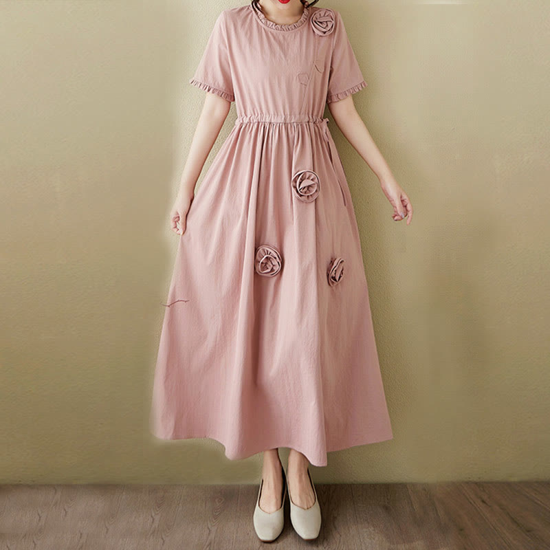 Buddha Stones Three-Dimensional Flower Design Ruffled Neck Cotton Linen Maxi Dress With Pockets