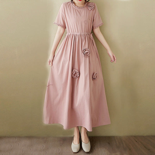 Buddha Stones Three-Dimensional Flower Design Ruffled Neck Cotton Linen Maxi Dress With Pockets