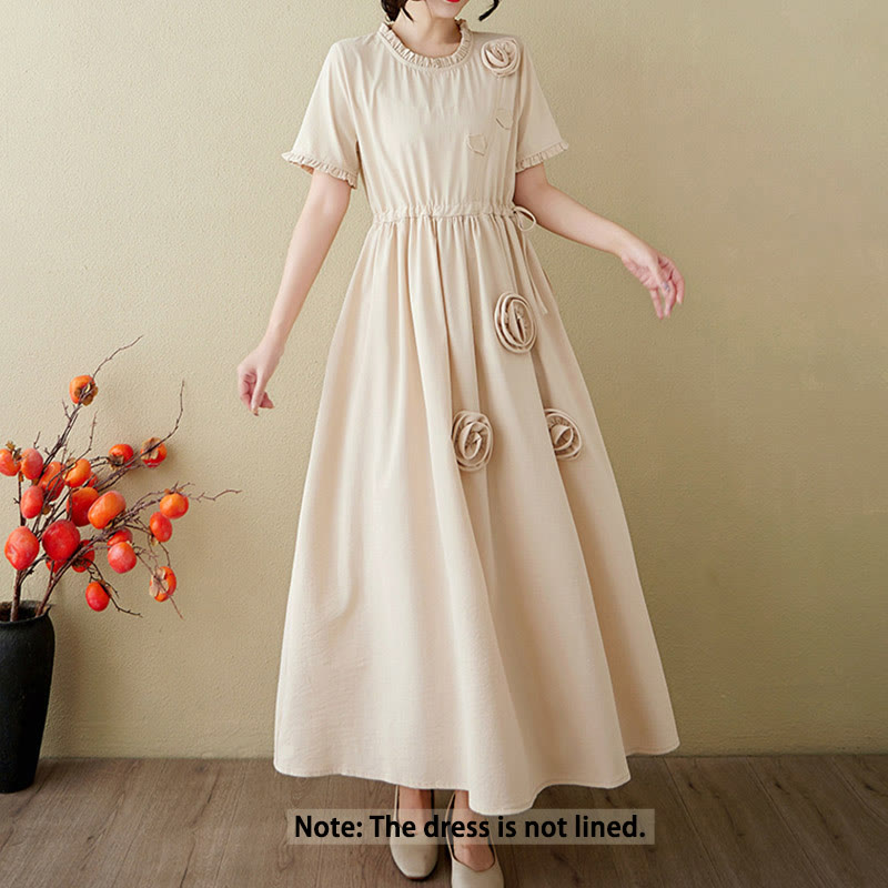 Buddha Stones Three-Dimensional Flower Design Ruffled Neck Cotton Linen Maxi Dress With Pockets