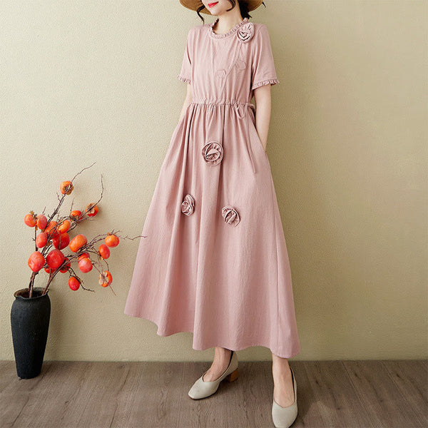 Buddha Stones Three-Dimensional Flower Design Ruffled Neck Cotton Linen Maxi Dress With Pockets