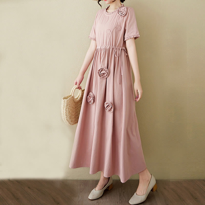 Buddha Stones Three-Dimensional Flower Design Ruffled Neck Cotton Linen Maxi Dress With Pockets