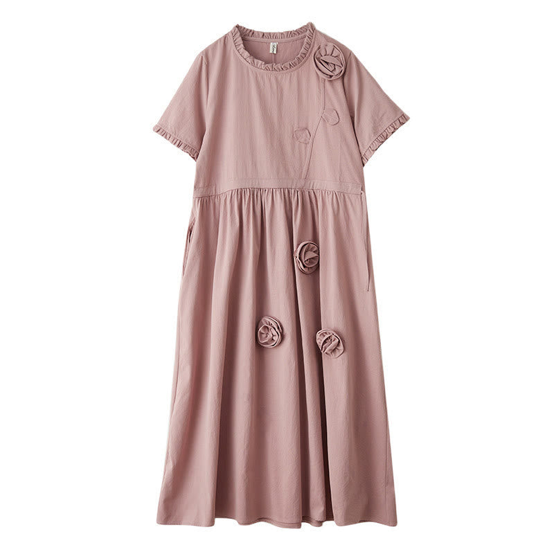 Buddha Stones Three-Dimensional Flower Design Ruffled Neck Cotton Linen Maxi Dress With Pockets