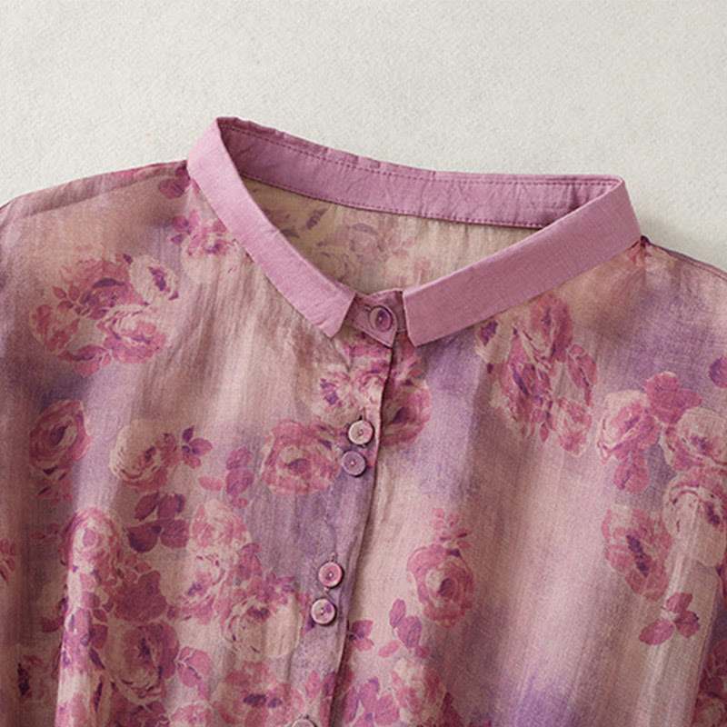 Buddha Stones Retro Printing Buttons Design Drawstring High Waist Cotton Midi Dress With Pockets