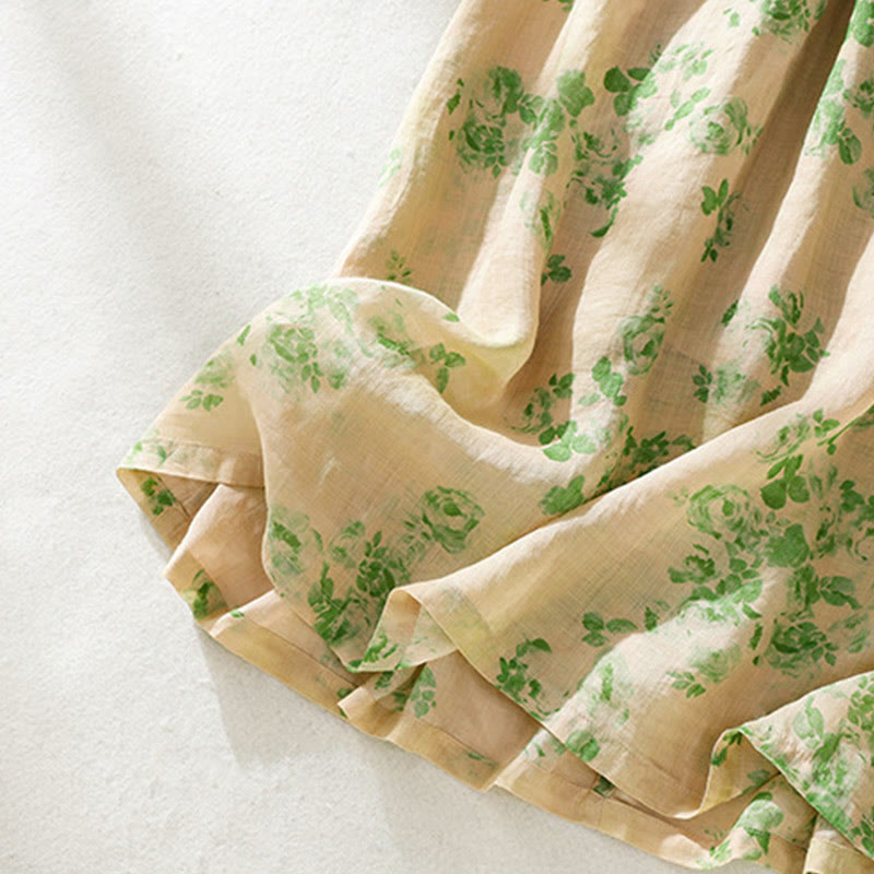 Buddha Stones Retro Printing Buttons Design Drawstring High Waist Cotton Midi Dress With Pockets