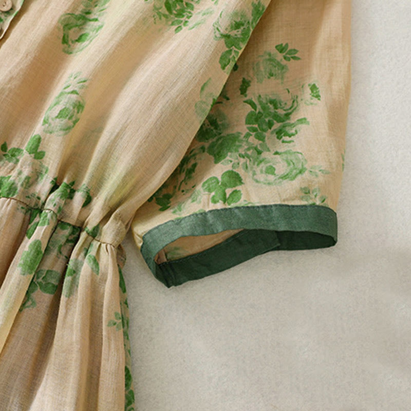 Buddha Stones Retro Printing Buttons Design Drawstring High Waist Cotton Midi Dress With Pockets