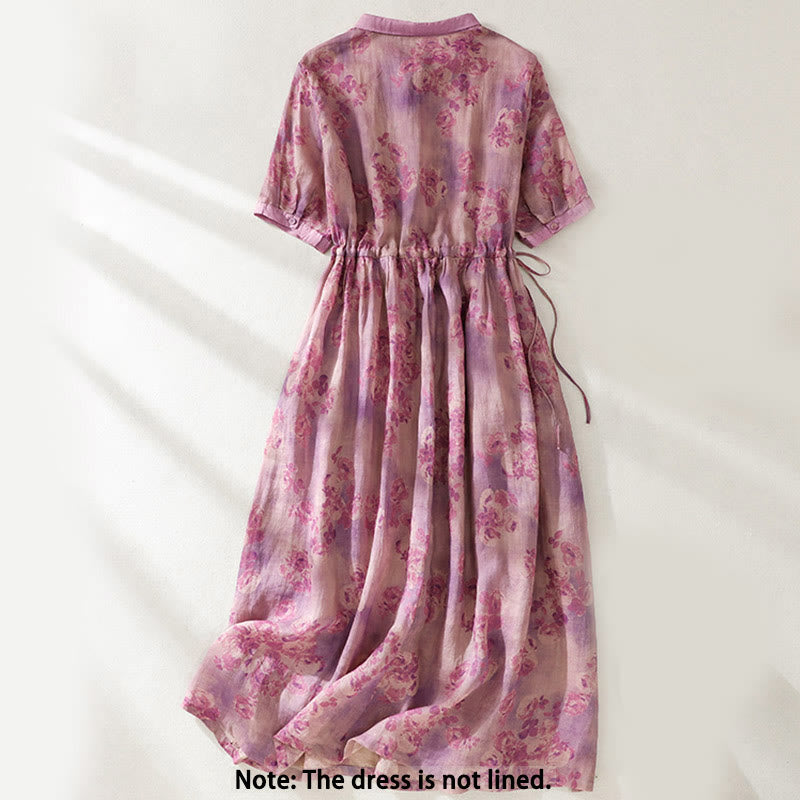 Buddha Stones Retro Printing Buttons Design Drawstring High Waist Cotton Midi Dress With Pockets