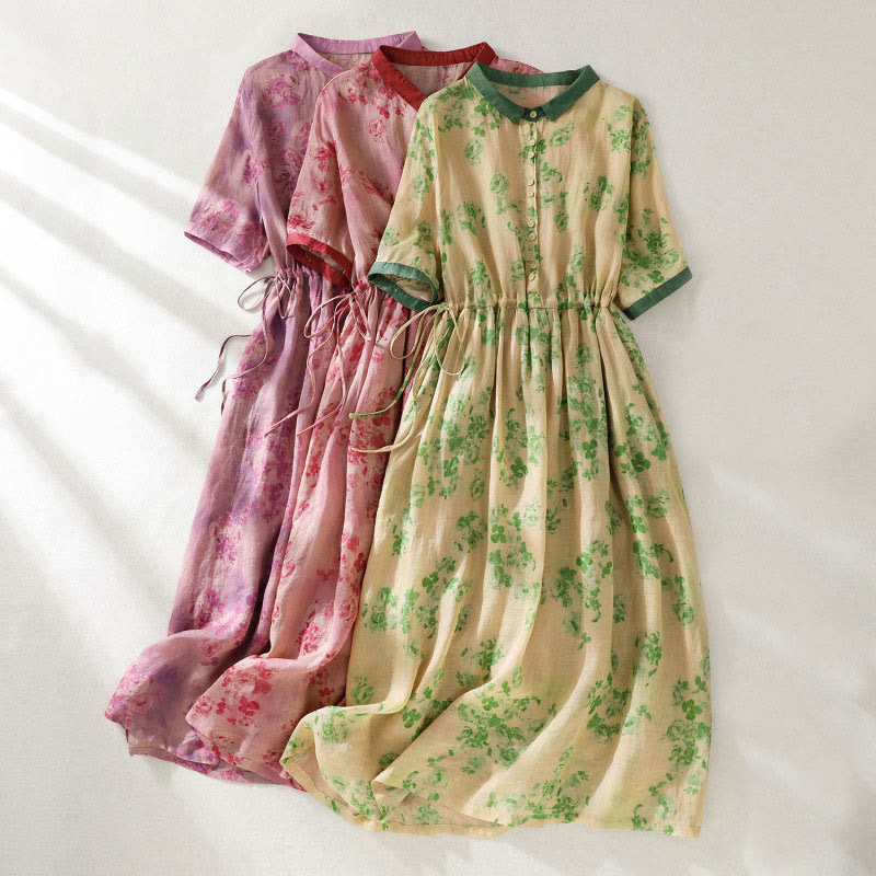 Buddha Stones Retro Printing Buttons Design Drawstring High Waist Cotton Midi Dress With Pockets