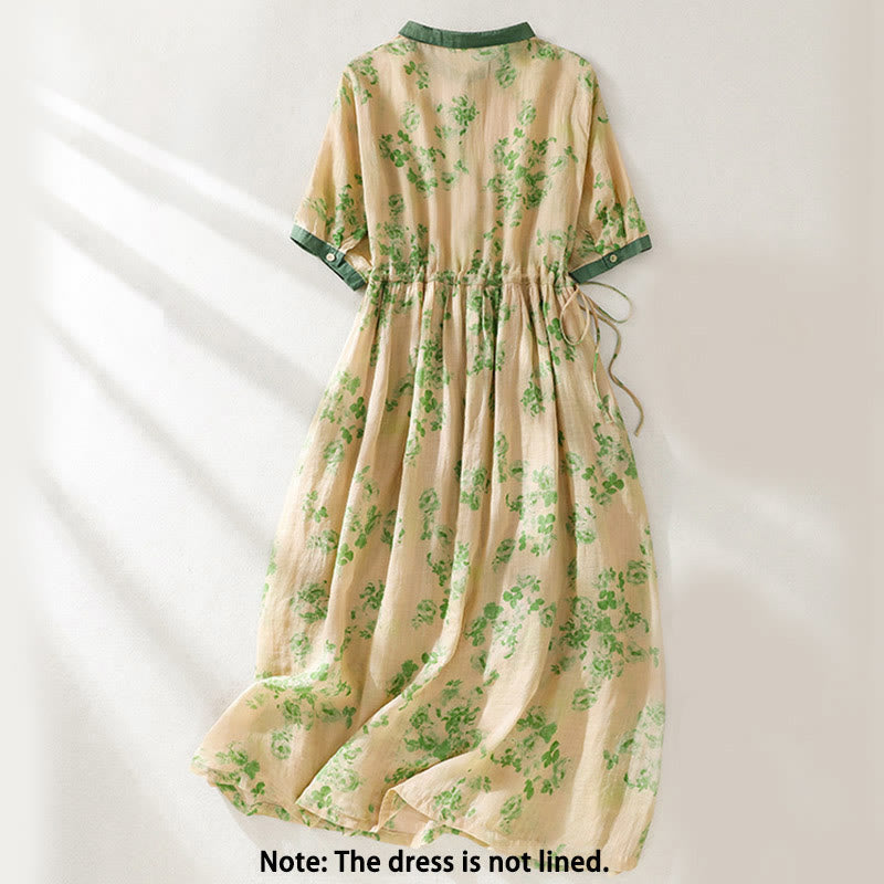 Buddha Stones Retro Printing Buttons Design Drawstring High Waist Cotton Midi Dress With Pockets