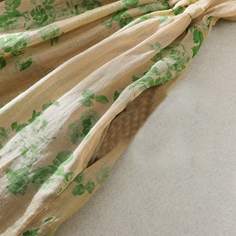 Buddha Stones Retro Printing Buttons Design Drawstring High Waist Cotton Midi Dress With Pockets