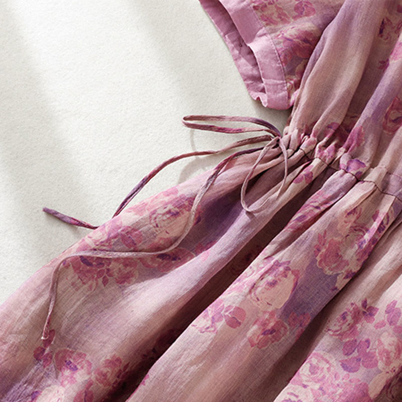 Buddha Stones Retro Printing Buttons Design Drawstring High Waist Cotton Midi Dress With Pockets